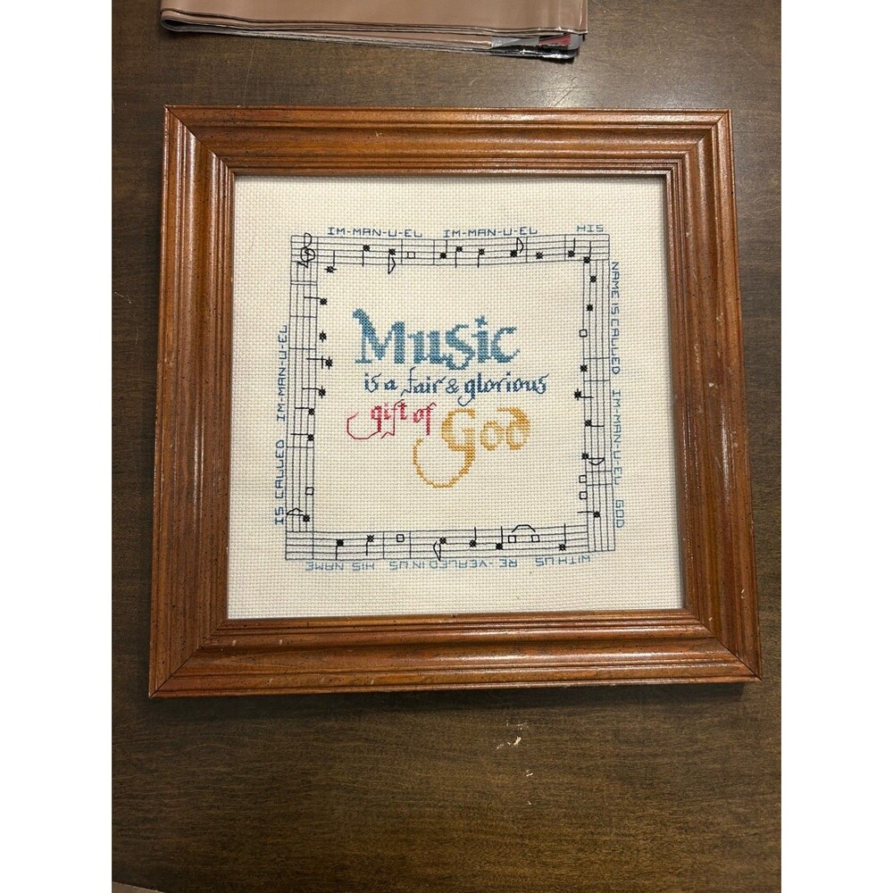 Vintage 13x13 Hand made Cross-stitch Wall Art Home Decor “music is gift of God”